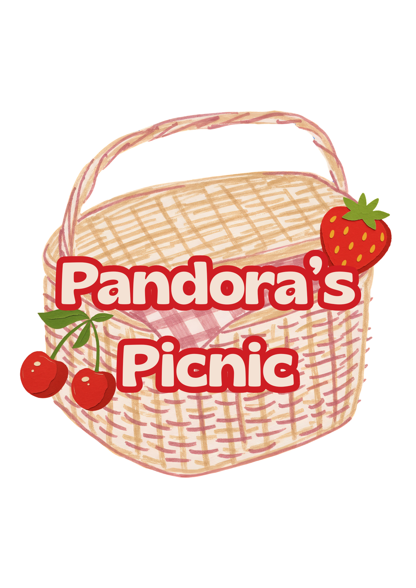 a logo image titled pandoras picnic with an image of a hand drawn picnic box with a cherry and strawberry beside it